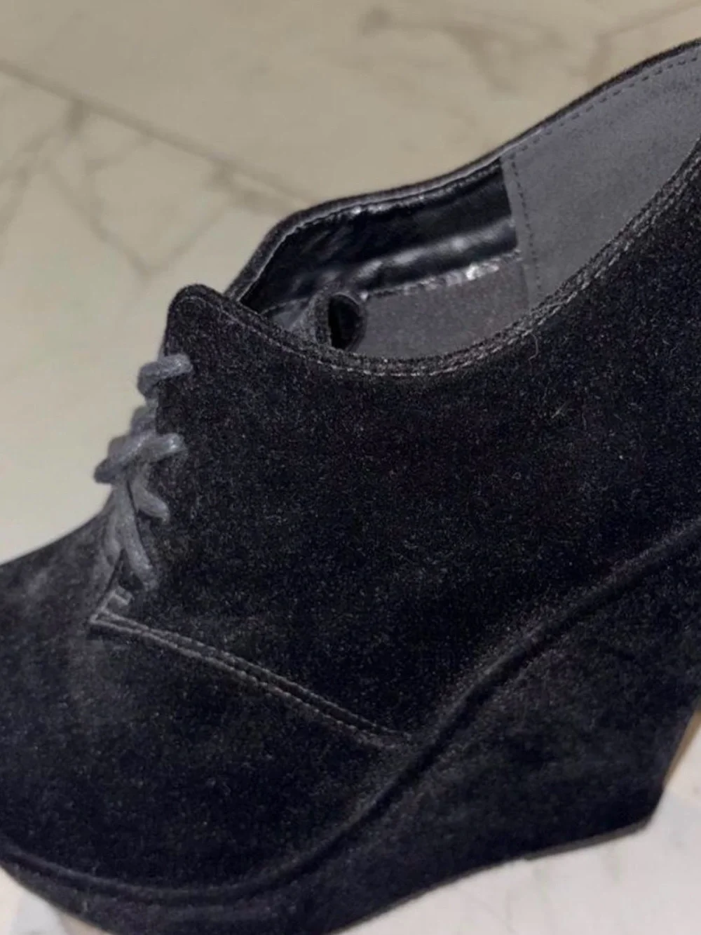 New without tags-Black Velvet Wedge Lace-Up Heels - Women